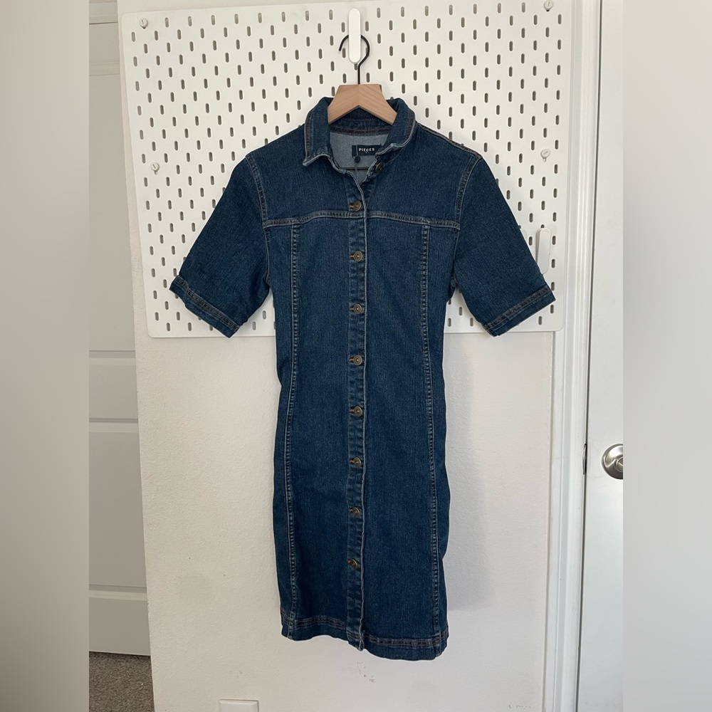 ASOS by Pieces Dark Washed Denim Button-Down Dress